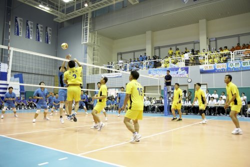 코트서 다진 환상팀웍 생활체육을 통해 화합과 소통을 꾀하는 기업들이 늘고 있다. 삼성화재 소통배구대회에 참가한 임직원 선수들이 경기를 하고 있다.