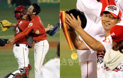 기쁨 뒤엔 슬픔이… □1 이 기쁨을 위해 치열하게 살아왔다. SK 에이스 김광현(오른쪽)이 한국시리즈 4차전 승리를 매조지한 뒤 포수 마스크를 쓴 선배 박경완과 감격적인 포옹을 나누고 있다. □2 SK 김성근 감독(오른쪽)이 9회말 위기를 이겨내고 세이브를 기록하며 한국시리즈 우승을 확정지은 김광현의 머리를 쓰다듬으며 활짝 웃고 있다. □3 삼성 양준혁(가운데)이 19일 대구구장 삼성 쪽 덕아웃에 모습을 드러냈다. 선배로서 한국시리즈 4연패라는 아픔을 겪은 후배들을 내버려둘 수 없었던 모양이다. 그래서인지 표정이 침울하다. 대구|김종원 기자 wom@donga.com