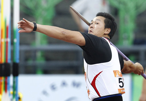 26일 아오티 주경기장에서 열린 아시안게임 육상 남자 창던지기에서 박재명이 힘차게 창을 던지고 있다. 사진=연합뉴스.