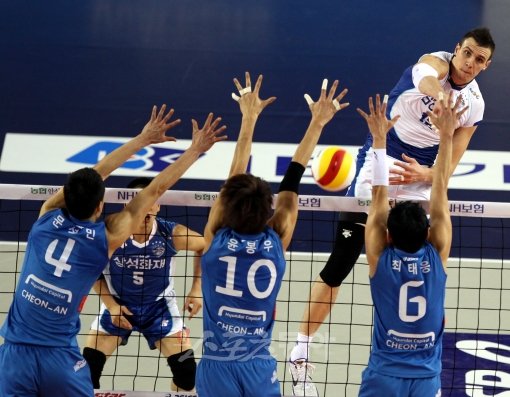 역시 에이스. 삼성화재 가빈(맨 뒤쪽)이 현대캐피탈의 블로킹을 앞에 두고 강한 스파이크를 날리고 있다.