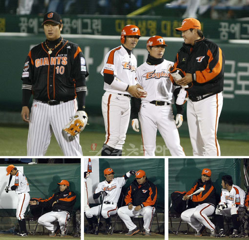 ‘괴물’이 신났다. 한화 류현진(위 사진 오른쪽 끝)이 21일 대전 롯데전 7회 무사 2·3루서 강동우가 결승 1타점 적시타를
치고 출루하자 보호장비를 직접 받으러 나섰다. 이뿐만 아니다. 덕아웃에서는 동료선수에게 장난을 치다 꿀밤을 맞고, 타자들의
방망이를 휘둘러보기도 했다(아래 사진). 대전 | 김종원 기자 (트위터 @beanjjun)won@donga.com