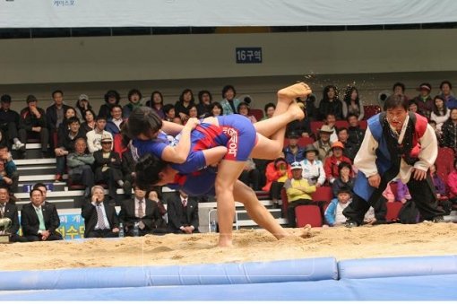 전국의 내로라하는 남녀 씨름장사 250여 명이 6일부터 8일까지 경북 영양군군민실내체육관에서 한판 승부를 벌인다. 지난달 여수시에서 열린 전국여자천하장사씨름대회의 경기장면.