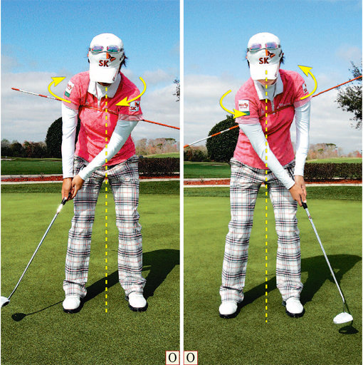 왼쪽 어깨를 앞으로 밀어주는 느낌백스윙 때 왼쪽 어깨를 앞으로 살짝 밀어준다고 생각하자. 머리가 어깨를 따라 움직이는 현상을 막을 수 있다. (왼쪽)  반대로 임팩트 때는 오른쪽 어깨를 앞으로 밀어준다고 생각하자. 실제로 앞으로 밀어주는 게 아니고 내미는 듯한 느낌이다. 머리는 움직이지 않고 어깨만 회전하는 스윙이 만들어진다. (오른쪽)