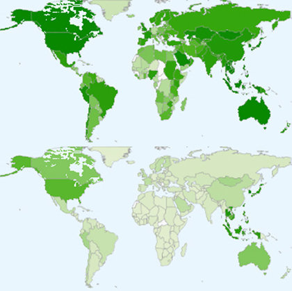 소녀시대 신곡 ‘더 보이즈’ 티저영상의 클릭 분포도(위)와 ‘훗’의 분포도(아래). ‘더 보이즈’가 ‘훗에’ 비해 전 대륙에 걸쳐 고른 분포도를 보이고 있음을 확연히 알 수 있다. 색깔이 진할수록 클릭수가 높다. 사진제공｜유튜브