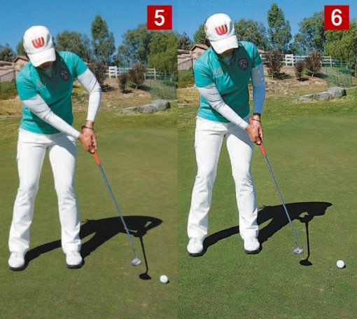5. 짧은 거리에서 실수가 많이 나오고 있다면 왼팔의 움직임을 먼저 살피는 게 좋다. 시계추와 같은 진자 운동을 의식하면 스트로크 때 왼팔이 직각으로 벌어져 퍼터 헤드가 열린 상태로 공을 맞힌다. 6. 스트로크 하는 동안 퍼터 헤드를 스퀘어로 유지하기 위해선 왼팔을 겨드랑이에 붙인 상태에서 그대로 오른쪽 어깨를 밀어주어야 한다. 공이 홀의 바깥쪽으로 휘어져 나가는 실수가 크게 줄어든다.