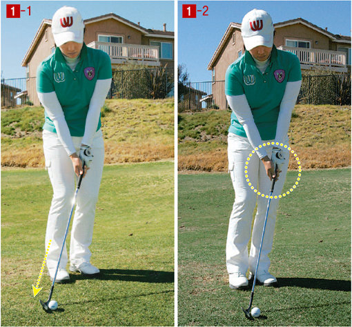 볼은 오른발 바깥쪽에공은 오른발 앞에서부터 바깥쪽에 놓는다(사진1-1). 공의 위치를 오른발 바깥쪽으로 둘수록 더 낮게 굴릴 수 있다. 체중은 왼발에 두고 그립을 잡은 손은 왼쪽 허벅지 앞에 두는 ‘핸드퍼스트’(사진1-2) 자세가 좋다.