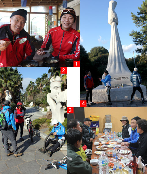 1. 허화백과 홍석민이 행복한 표정으로 전복을 들어보이고 있다.2. 전국일주 시작 후 통틀어 10번째 펑크. 이제 수리에도 이골이 났다.3. 표선 야영지로 찾아온 제주 산악인들과의 저녁 식사.4.서귀포 토평동 삼거리의 한 켠에 자리잡은 오희준 추모비