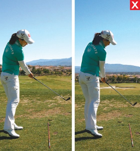 (좌) ‘클럽을 최대한 끌고 내려오라’는 말을 많이 들었을 것이다. ‘하체로 스윙을 리드하라’는 말이다. 임팩트 후에도 클럽이 타깃 방향으로 향하게 밀어주어야 한다. 샷의 정확성이 높아지는 비결이다.(우) 팔과 손으로만 스윙을 하면 임팩트 후 클럽 헤드가 몸을 따라 안쪽으로 회전하게 된다. 깎아 치는 스윙이 만들어져 슬라이스나 토핑 같은 미스샷으로 연결된다.