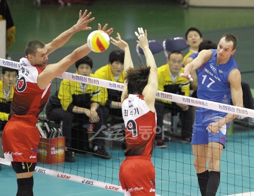 승부조작으로 분위기는 무거웠지만 16일 수원실내체육관에서 열린 V리그 대한항공과 KEPCO의 경기는 박진감 넘쳤다. 대한항공
마틴(오른쪽)이 안젤코와 최석기의 블로킹 벽을 피해 강력한 스파이크를 날리고 있다. 수원 | 김종원 기자 won@donga.com
트위터 @beanjjun