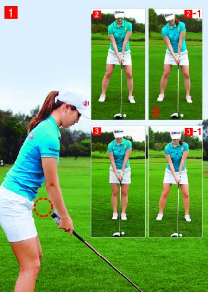 1. 그립을 쥔 손은 몸과 너무 멀리 떨어져 있어도, 너무 가깝게 붙어 있어도 좋지 않다. 주먹이 여유롭게 지나갈 정도의 공간이 가장 좋다. 2, 2-1. 공은 스탠스 중앙보다 약간 왼발 쪽에 위치해 있어야 한다. 이 때 머리는 공보다 약간 뒤쪽에 있는 게 가장 좋은 어드레스다. 머리가 공보다 앞에 있거나 지나치게 뒤쪽에 있는 건 좋지 않다. 3, 3-1. 공의 위치를 정하는 쉬운 방법은 양 발을 모은 상태에서 클럽 헤드를 땅에 내려놓고 그 다음 발을 벌려 공이 왼발 뒤꿈치와 일직선을 이루는 지점에 위치하도록 한다. 스포츠동아DB