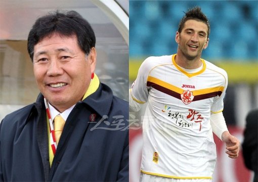 최만희 광주 감독(왼쪽)-광주 공격수 복이. 스포츠동아DB