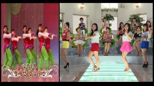 북한에도 ‘소녀시대’가 있다? 빼어난 외모와 화려한 의상으로 걸그룹을 연상케 하는 북한판 소녀시대인 왕재산경음악단(왼쪽사진). 사진제공|채널A