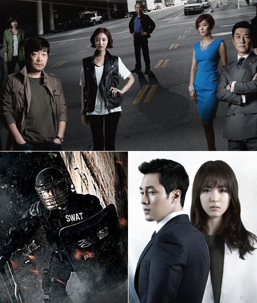 ‘이 사회의 정의를 묻다.’ 현실을 리얼하게 반영한 이야기들로 대중들의 관심을 끌고 있는 작품들. 뉴스를 재연하는 듯한 느낌을 주는 SBS ‘추적자’, ‘유령’과 용산 참사의 비극을 그린 영화 ‘두 개의 문’(맨 위부터 시계방향으로). 사진제공|연분홍치마·SBS