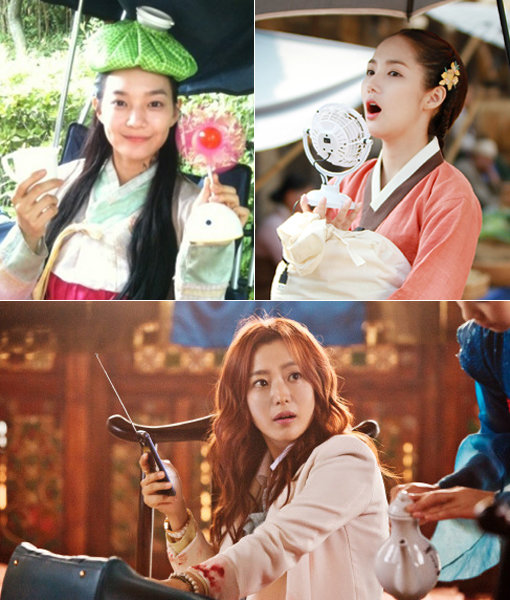 폭염 속에서 여러 겹의 한복을 입고 연기하는 여배우들. 이들은 저마다 ‘태양을 피하는 방법’을 터득하고 더위와 싸우고 있다. 신민아·박민영·김희선(맨 위 왼쪽부터 시계 방향으로). 사진제공|킹콩엔터테인먼트·힌지엔터테인먼트