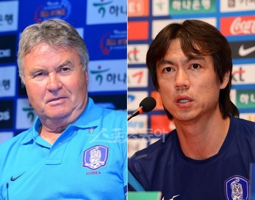 히딩크 감동-홍명보 감독(왼쪽부터). 스포츠동아DB