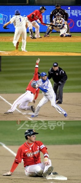 전반적인 전력에서 밀리는 SK는 소위 득점을 제조하는 ‘매뉴팩처링’ 능력으로 삼성을 따라잡아야 했지만 한국시리즈(KS)에서는 생각만큼 되지 않았다. 최대 분수령이었던 KS 5차전 4회 무사 1·2루에서 박정권은 번트를 시도했으나(위) 삼성의 ‘100% 번트 수비’에 막혀 2루주자 최정이 3루에서 아웃됐다.(가운데) 최정이 허탈한 표정을 감추지 못하고 있다(아래). 스포츠동아DB