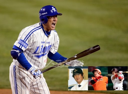 WBC에서 또 한번 ‘국민타자’의 호쾌한 스윙을 볼 수 있을까? 삼성 이승엽이 국가대표 복귀를 희망하면서 귀추가 주목되고 있다. 이승엽이 지난달 28일 문학구장에서 열린 한국시리즈 3차전 3회 2타점 적시타를 친 뒤 포효하고 있다. 작은 사진은 이대호, 김태균, 박병호(왼쪽부터). 스포츠동아 DB