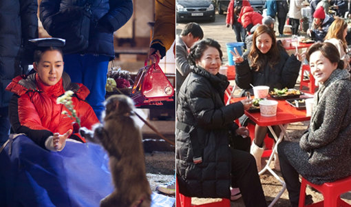 MBC ‘마의’ 이요원(위)이 난로를 쬐며 추위를 달래고 있다. SBS ‘내사랑 나비부인’의 김영애는 추위에 고생하는 동료들을 위해 점심을 준비했다. 사진제공|김종학프로덕션·판타지오