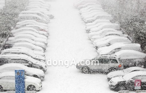 서울-수도권에 폭설이 내리고 있는 가운데 인천공항에 주차된 차량들이 하얗게 눈을 뒤집어 쓰고 있다. 사진=인천공항 국경원 기자 onecut@donga.com