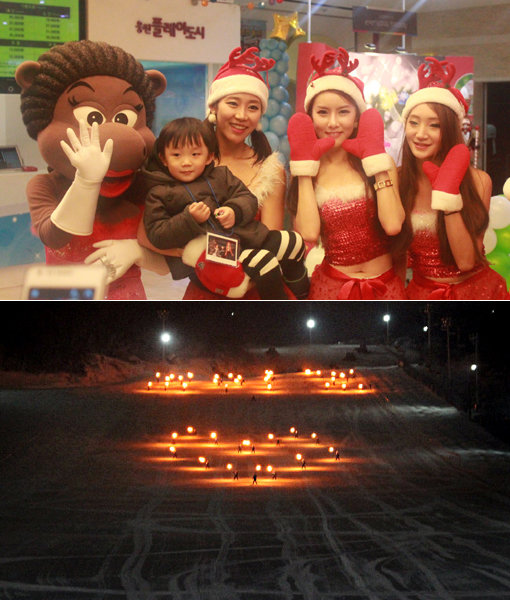연말연시 빅 시즌에 스키팬을 유혹하는 스키장의 다양한 이벤트. 웅진플레이도시의 크리스마스파티(위 사진)와 지산리조트의 횃불스키 퍼포먼스. 사진제공|웅진플레이도시·지산리조트