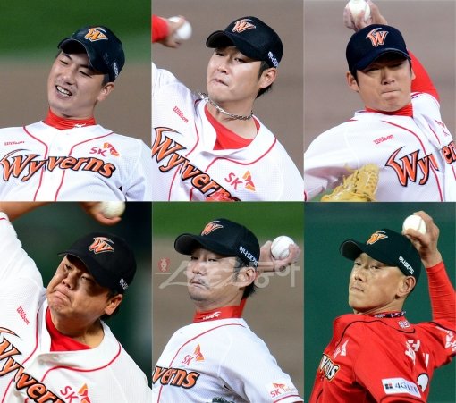 (위 왼쪽에서부터)김광현-송은범-박희수-채병용-엄정욱-박정배. 스포츠동아DB