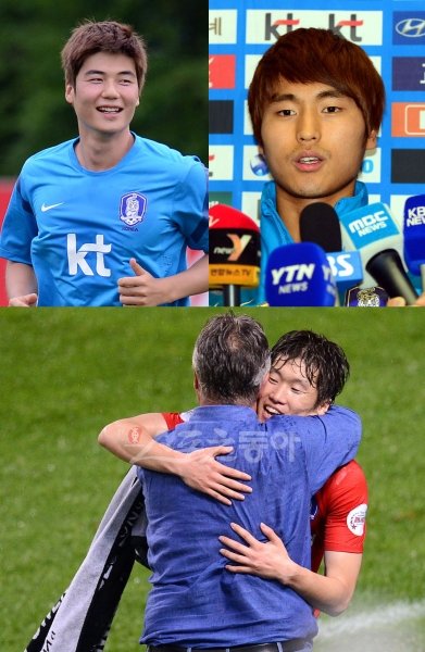 2012년 한국축구는 달콤한 기억도 많았다. (위에서 왼쪽)기성용은 영국 단일팀과 올림픽 남자축구 8강에서 승부차기 마지막 키커로 나서 동메달의 발판을 놓았다. (위에서 오른쪽)U-19 대표팀 문창진도 11월 AFC 챔피언십에서 4골 2도움으로 한국의 우승을 이끌며 ‘차세대 공격수’로서 자질을 확인시켰다. (아래)박지성은 포르투갈과 2002한일월드컵 조별리그 3차전 결승골을 넣었을 때처럼 K리그 올스타전에서도 옛 스승 거스 히딩크 감독의 품에 안겼다. 스포츠동아DB