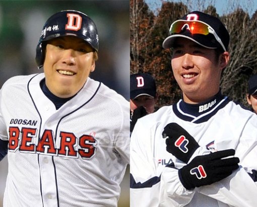 김현수(왼쪽)-유희관. 사진제공｜두산베어스, 스포츠동아DB