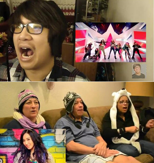 소녀시대 ‘아이 갓 어 보이’ 뮤비를 보며 입을 다물지 못하는 미국 남성(위쪽 사진)과 부모와 함께 즐거워하는 미국 여성. 사진출처|인터넷 화면 캡처