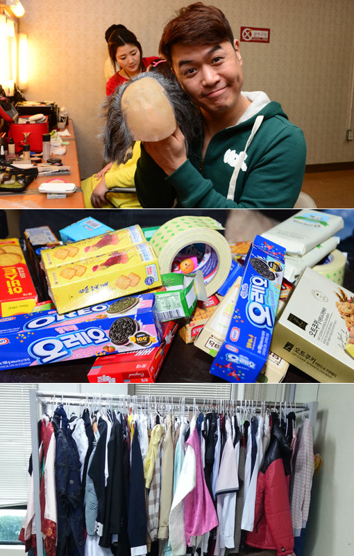 개그 프로그램의 소품은 당대 코미디의 트렌드를 따라 다양해진다. ‘개그콘서트’의 14년 장수 소품인 대머리 가발, ‘단골손님’인 음식, 개그맨들의 여성의류가 주인공이다(위쪽부터). 사진제공｜KBS