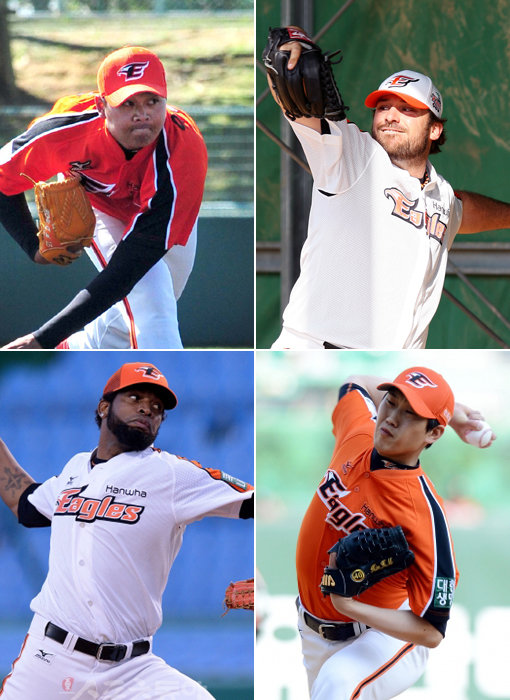 유창식·이브랜드·김혁민·바티스타(왼쪽 위 부터 시계방향으로). 사진제공｜한화 이글스·스포츠동아DB