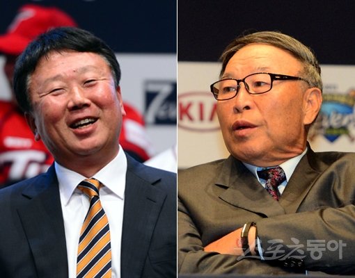 KIA 선동열 감독(왼쪽)과 한화 김응룡 감독이 25일 서울 광진구 건국대 새천년관에서 열린 ‘2013 한국야쿠르트 세븐 프로야구’ 개막 미디어데이에 자리를 함께 했다. 감독-선수, 사장-감독으로 8차례 한국시리즈 우승을 합작한 스승과 제자는 이제 동등한 위치에서 승부를 겨루게 된다. 김민성 기자 marineboy@donga.com 트위터@bluemarine007