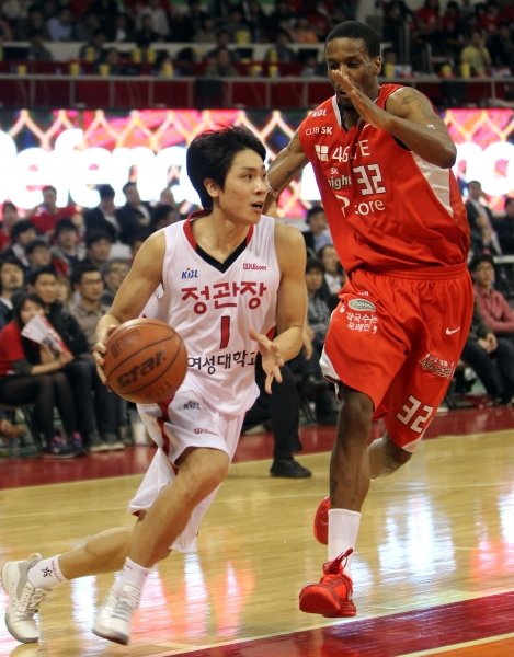 KGC 김태술(왼쪽)이 3일 잠실학생체육관에서 열린 SK와의 4강 플레이오프 2차전에서 애런 헤인즈의 수비를 뚫고 돌파를 시도하고 있다. 사진제공|스포츠코리아