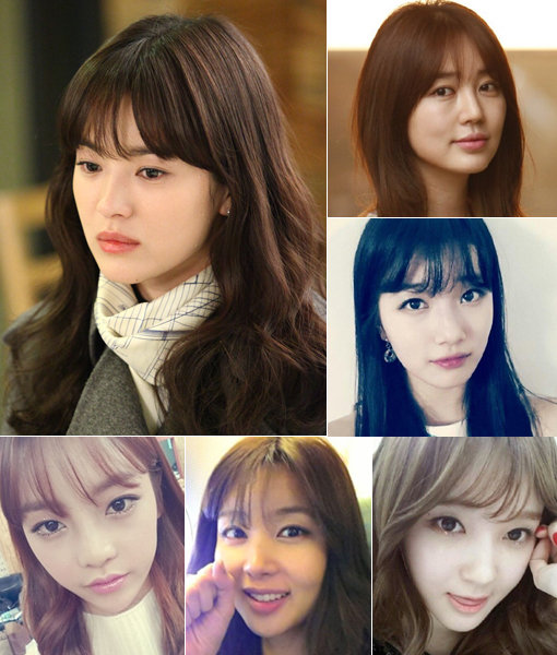 ‘시스루 뱅’에 빠진 여자 스타들. 윤은혜, 수지, 강민경, 박솔미, 구하라(오른쪽 맨 위부터 시계방향으로)까지 연령을 불문하고 인기다. 맨 위 왼쪽 사진은 SBS 드라마 ‘그 겨울 바람이 분다’에서 ‘시스루 뱅’ 헤어스타일 유행을 이끈 배우 송혜교. 사진|SBS·MBC·스포츠동아DB