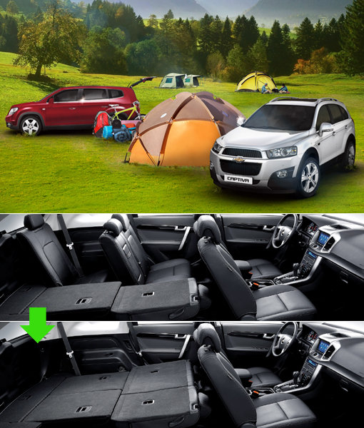 쉐보레 캡티바 2013형은 세련된 외관과 듀얼 존 에어컨 시스템, 열선시트, 크루즈 컨트롤 등 편의성을 높여 장거리 가족여행에 어울리는 7인승 SUV다. 아래 두 사진은 2열과 3열 시트에 자유롭게 폴딩이 가능한 ‘이지테크’ 기능을 적용한 실내 공간. 사진제공|한국지엠주식회사