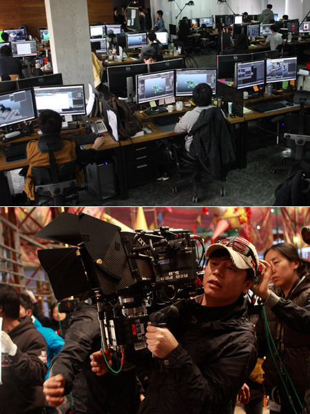 야구하는 고릴라 링링을 만든 건 ‘사람’이다. 경기도 파주의 덱스터디지털 사무실에서 첨단 기기를 통해 링링을 완성하고 있는 제작진들(위쪽 사진). ‘미스터 고’의 김용화 감독은 현장에서 자주 카메라를 잡고 직접 촬영까지 했다. 사진제공|덱스터필름