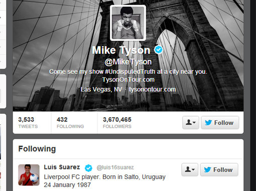 마이크 타이슨이 루이스 수아레즈를 트위터 팔로우 해 화제다. 마이크 타이슨 트위터 화면 캡처