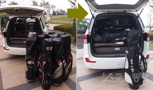 골프백 10개 적재 전-골프백 10개 적재 후(오른쪽). 원성열 기자 sereno@donga.com 트위터 @serenowon