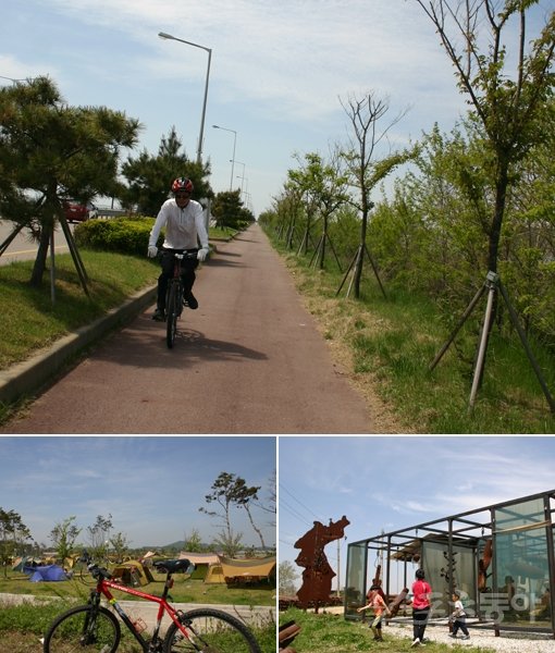 한 라이더가 일직선으로 쭉 뻗은 화성 방조제 길을 달리고 있다(위). 방조제 길이 끝나는 곳에 매향리가 있다. 폭음이 그치고 평화마을로 변신 중인 매향리에서는 미군 사격장 폭탄 파편으로 만든 조형물을 볼 수 있다(아래 오른쪽). 방조제 초입에 있는 기념탑 공원에서는 텐트를 치고 야영을 할 수 있다(아래 왼쪽). 김재학 기자 ajapto@donga.com 트위터@ajapto