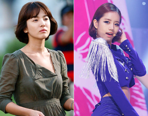 단발머리에도 여러 스타일이 있고, 그 스타일에 따라 느낌도 다르다. 송혜교(왼쪽 사진)는 앞머리를 뒤로 넘겨 우아한 분위기를 풍기고, 혜리(오른쪽 사진)는 오렌지색으로 염색해 상큼한 매력을 발산한다. 사진제공｜KBS·CJ E&M