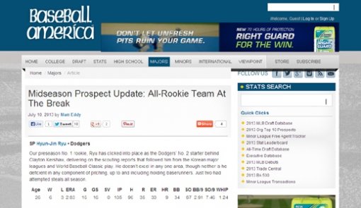 미국 야구전문지 베이스볼아메리카(BA)는 올 시즌 포지션별로 최고의 활약을 펼친 빅리그 루키들을 선정했다. LA 다저스의 류현진도 물론 포함됐다. 사진|BA 홈페이지 캡처