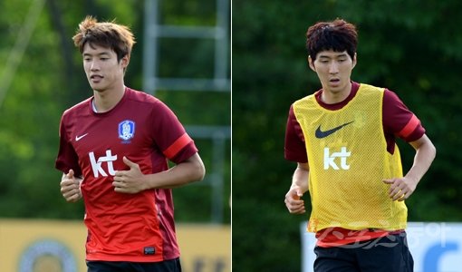 오는 20일 한국에서 열리는 '2013 EAFF 동아시안컵'을 앞두고 18일 오후 경기도 파주 축구국가대표 트레이닝센터(NFC)에 축구대표팀 선수들이 훈련을 가졌다. 홍정호-김동섭 선수(오른쪽). 파주|김민성 기자 marineboy@donga.com 트위터 @bluemarine007