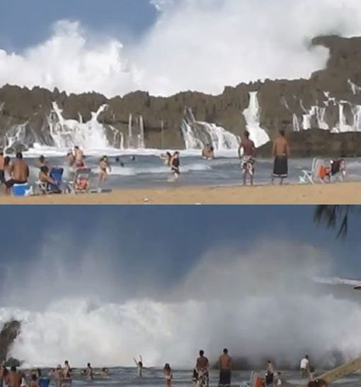 폭포 쏟아지는 바닷가