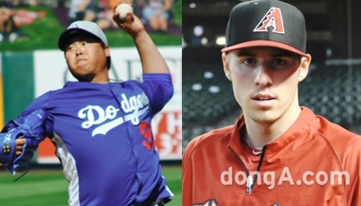 LA 다저스 류현진-애리조나 다이아몬드백스 패트릭 코빈. 동아닷컴DB