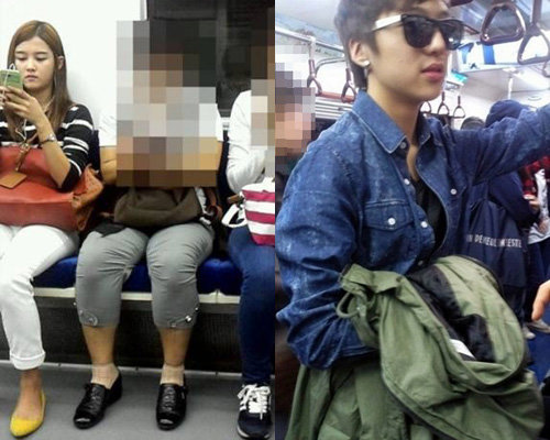 남보라(좌)-강승윤(우) 지하철 포착. 사진출처 ｜ 온라인 게시판