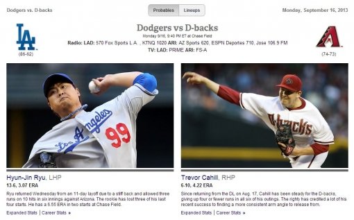 LA 다저스 류현진-애리조나 다이아몬드백스 트레버 케이힐. 사진=메이저리그 공식 홈페이지 캡처