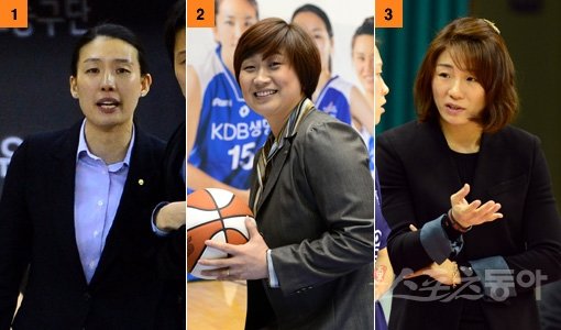 1. 우리은행 전주원 코치(오른쪽)는 위성우 감독과 함께 지난 시즌 신한은행에서 우리은행으로 이적해 팀 체질 개선에 도우미 역할을 톡톡히 했다. 2. KDB생명 유영주 코치는 “향후 10년 안에 우리 여자프로농구도 좋은 여성감독을 배출할 수 있는 길을 터주고 싶다”고 의욕을 보이고 있다. 3. 올 시즌부터 지도자의 길을 걷기 시작한 신한은행 김지윤 코치(오른쪽)는 감독과 선수들 사이의 가교 역할을 자신의 임무로 인식하고 있다. 스포츠동아DB