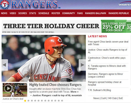 텍사스 레인저스는 22일(한국시간) 홈페이지를 통해 추신수 영입을 대대적으로 알렸다. 추신수의 합류로 텍사스는 테이블세터까지 보강하면서 최강 타선을 구축하게 됐다. 사진캡처|텍사스 레인저스 홈페이지