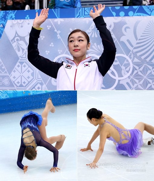 ‘피겨 여왕’은 건재했다. 김연아(위 사진)는 쇼트프로그램에서 실수 없는 연기로 변함없는 기량을 뽐낸 반면 당초 경쟁자로 꼽혔던 러시아의 율리아 리프니츠카야(아래 왼쪽 사
진)와 일본의 아사다 마오는 나란히 점프 착지 과정에서 넘어져 각각 5위와 16위에 그쳤다. 사진=GettyImage/멀티비츠