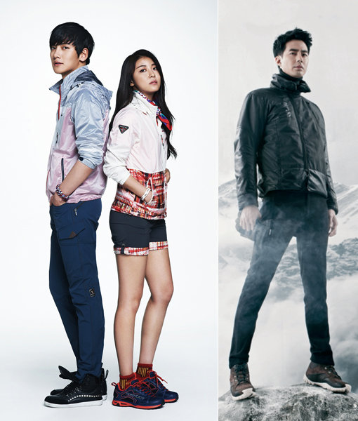 아웃도어 활동의 최적기인 봄을 맞아 아웃도어 브랜드들이 인기 스타모델을 앞세워 고객들의 눈길 사로잡기에 나섰다. 노스케이프의 모델 지창욱·하지원(왼쪽)과 지난해 ‘조인성 재킷’ 돌풍을 일으킨 블랙야크의 조인성. 사진제공｜노스케이프·블랙야크