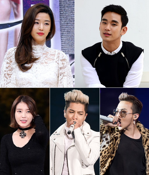 전지현-김수현-지드래곤-태양-아이유(왼쪽 위부터 시계방향으로). 사진|동아닷컴DB·스포츠동아DB·YG엔터테인먼트